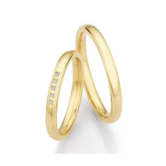 Schmale polierte Gelbold Eheringe mit 5 Diamanten einzeln gefasst