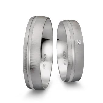 Palladium 500 Eheringe quermattiert mit hochpolierter gewölbter Rille und Diamanten