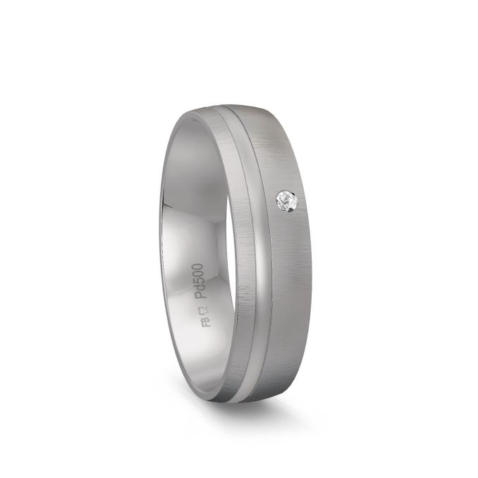 Palladium 500 Ehering quermattiert mit hochpolierter gewölbter Rille und Diamanten