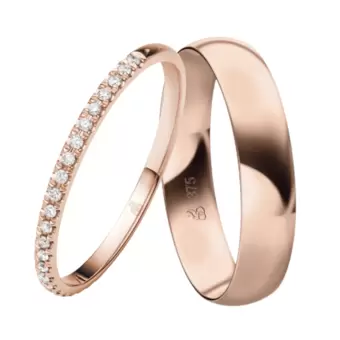 Roségold Eheinge mit breitem Herrenring und 25 Labor-Diamanten im Damenring