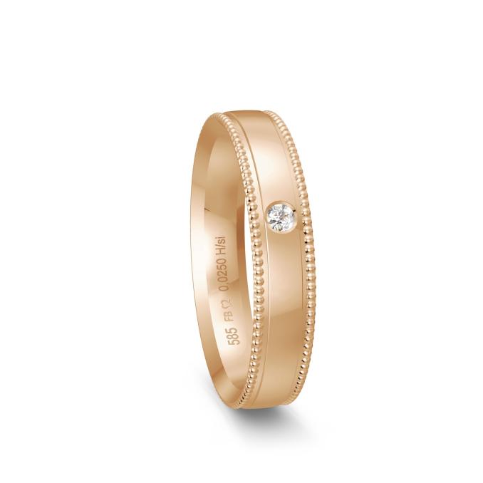 Polierter Ehering aus Roségold mit Millgriff-Muster am Rand und Diamanten