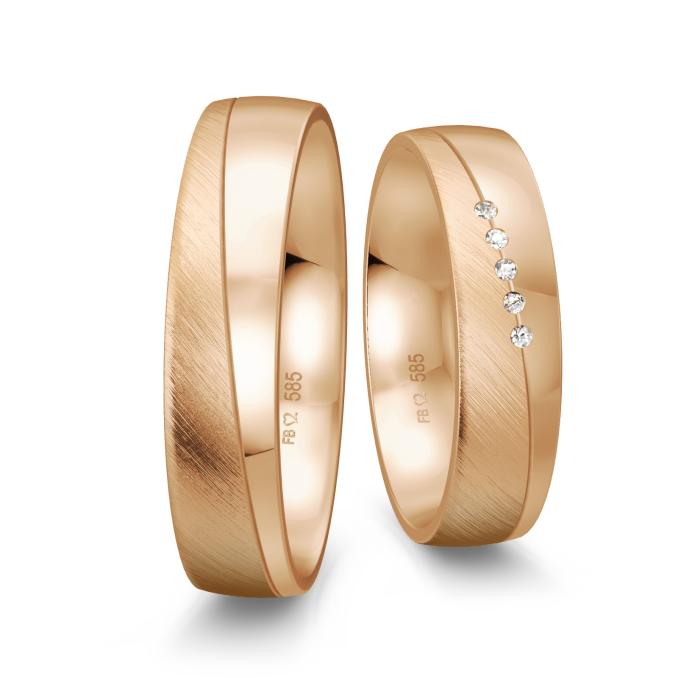 Trauringe aus Roségold mit 5 Diamanten Polierung und Mattierung