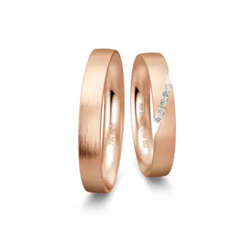 Matte schmale Rotgold Eheringe mit 5 Diamanten in schräger Rille