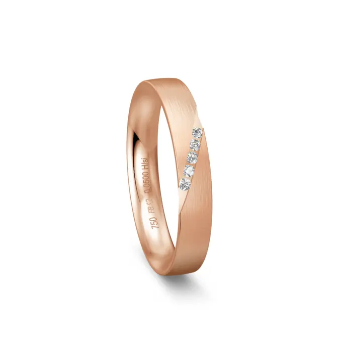 Matter schmaler Rotgold Ehering mit 5 Diamanten in schräger Rille
