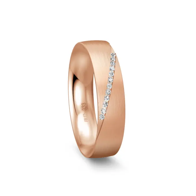 Längsmattierter mittelbreiter Rotgold Ehering mit 10 Diamanten in Rille