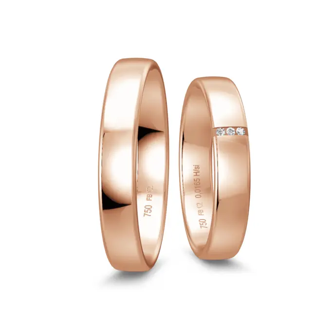 Polierte Rotgold Eheringe 4 mm breit mit 3 Diamanten in Rille