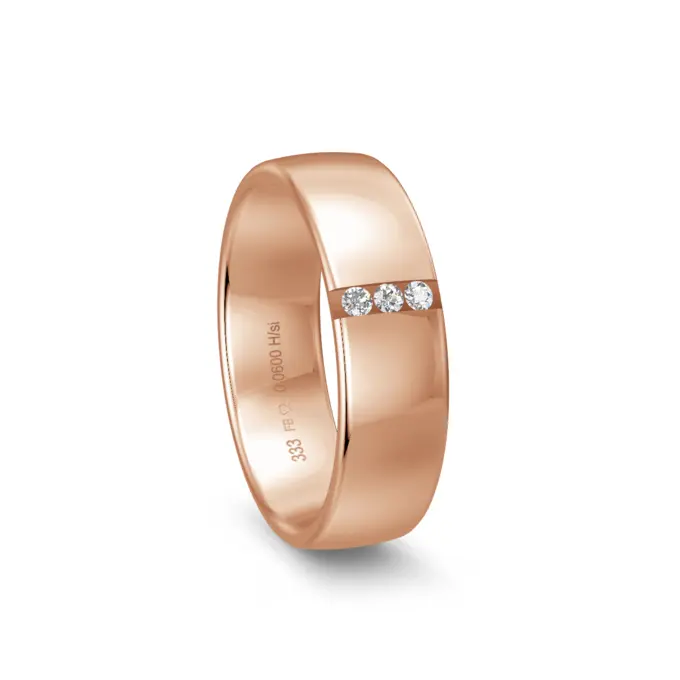 Breiter polierter Rotgold Ehering mit drei Diamanten in 6 mm