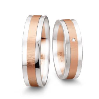 Weissgold Trauringe mit matter Rotgold Mittelschiene und Diamant