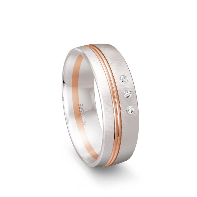 Weißgold Trauring mit Fuge aus Rotgold Quermatt mit 3 Diamanten