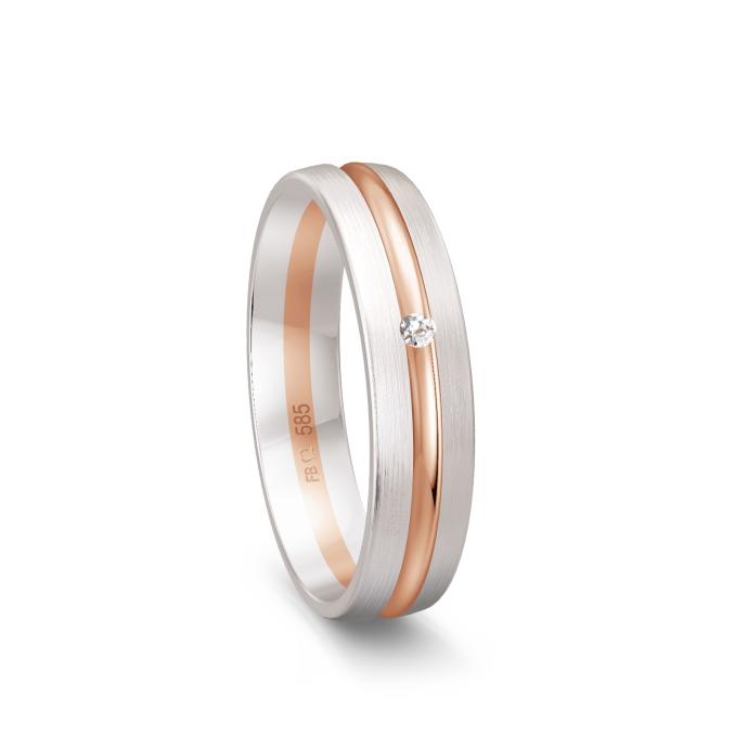 Weissgold Trauring mit polierter Rotgold Fuge und Diamant