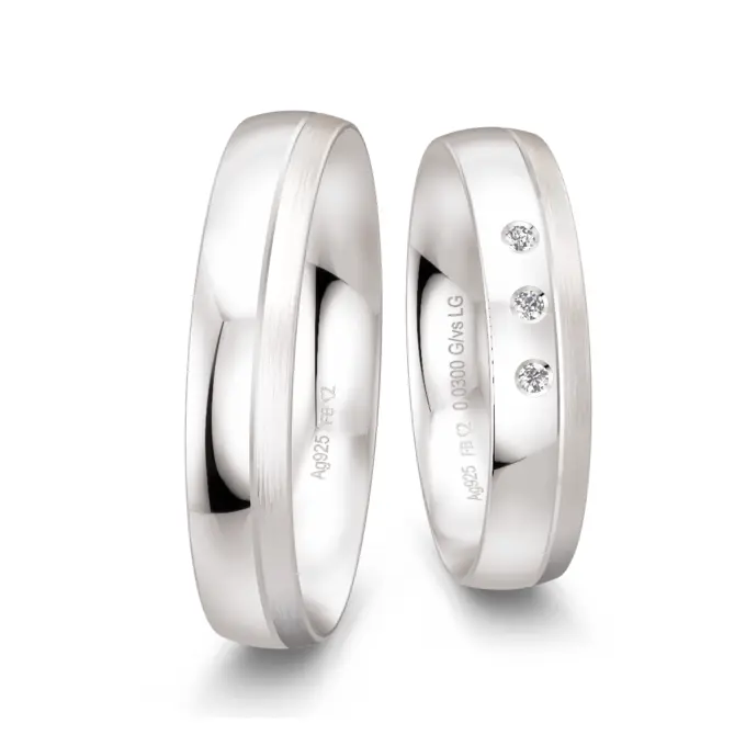 Trauringe aus Silber poliert/mattiert mit 3 Labor Diamanten