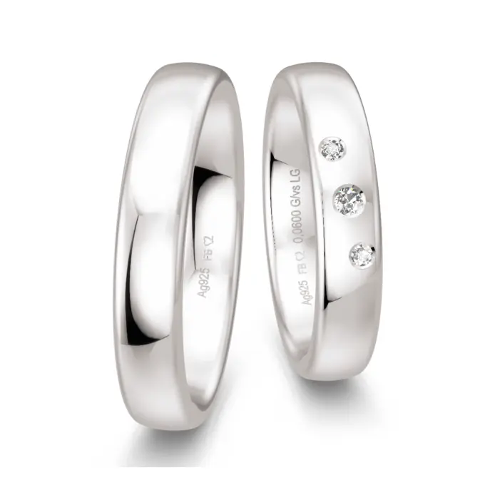 925er Silber Eheringe mit 3 diagonal platzierten Labor Diamanten