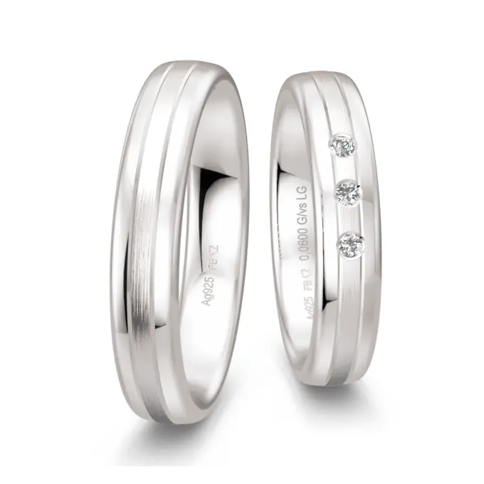 Silber 925 Eheringe mit matter Mitte mit 3 Labor Diamanten