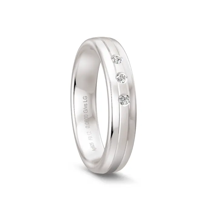 Silber 925 Ehering mit matter Mitte mit 3 Labor Diamanten