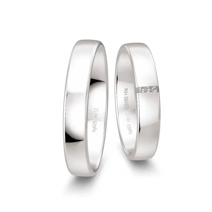 Silber 925 Eheringe mit 3 Diamanten und Polierung in 4 mm