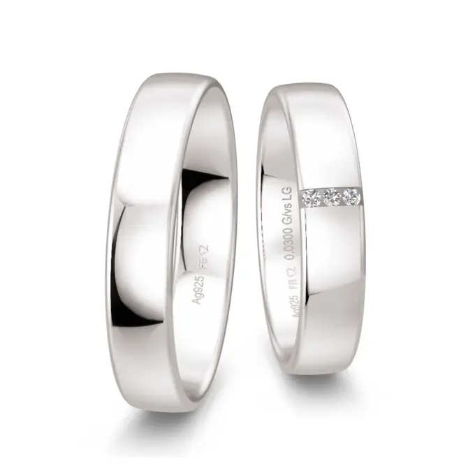 Polierte 925er Silber Trauringe mit 3 Labor Diamanten in Rille