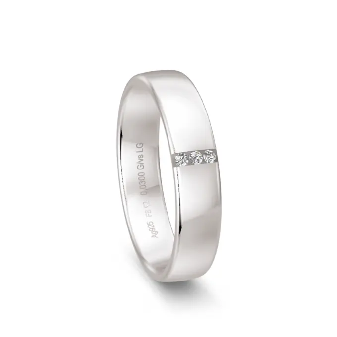 Polierter 925er Silber Trauring mit 3 Labor Diamanten in Rille