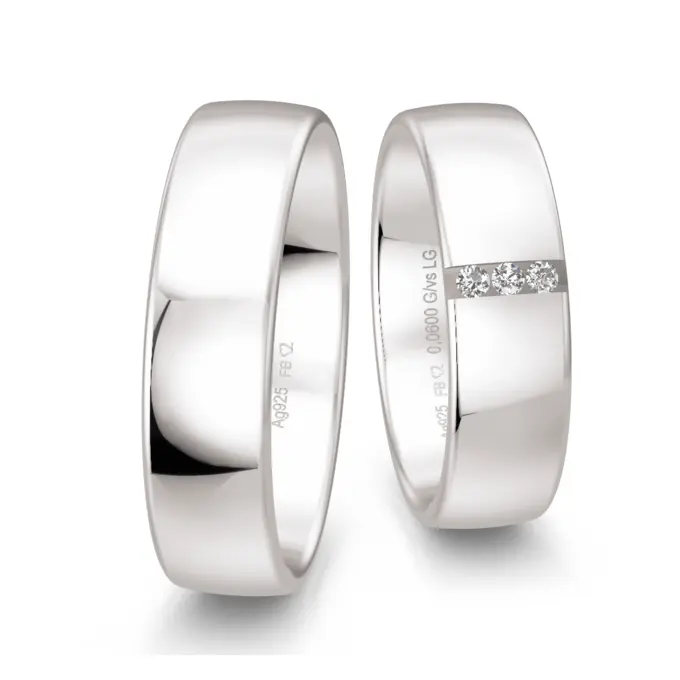 925er Silber Trauringe mit 3 Labor Diamanten in Rille