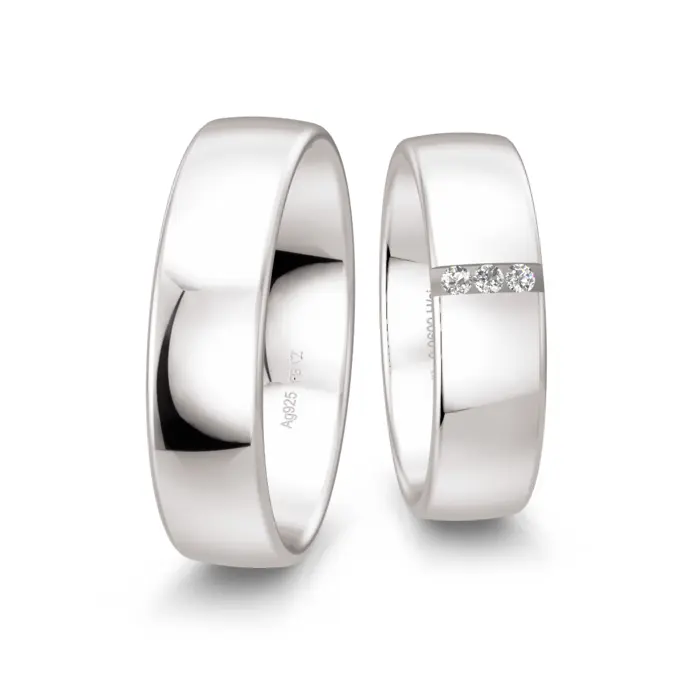 6 mm breite polierte Silber 925 Eheringe mit drei Diamanten in Vertiefung