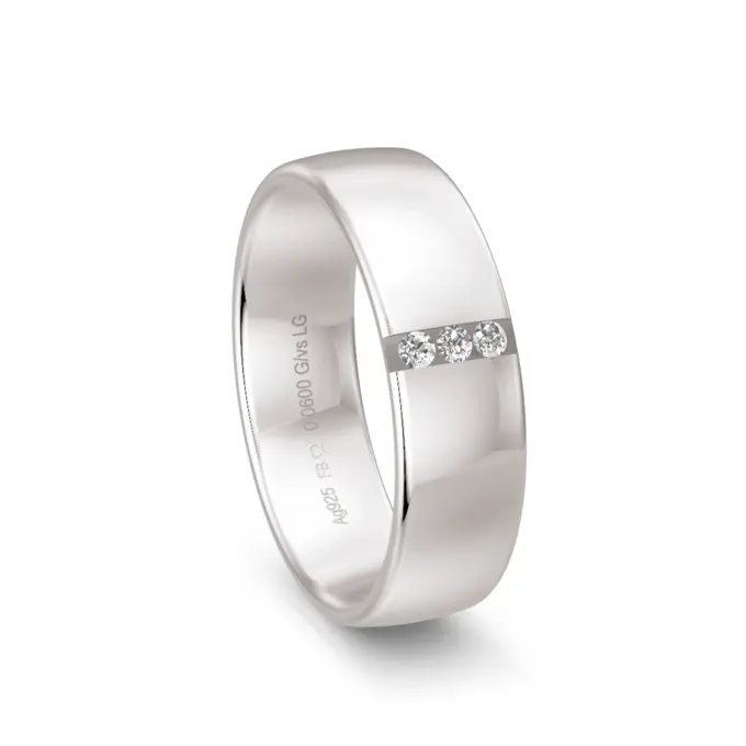 925er Silber Trauring mit 3 Labor Diamanten in Rille