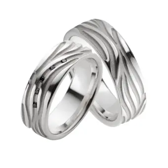 Eheringe aus rhodiniertem Silber 925 mit 5 schwarzen Diamanten und Muster