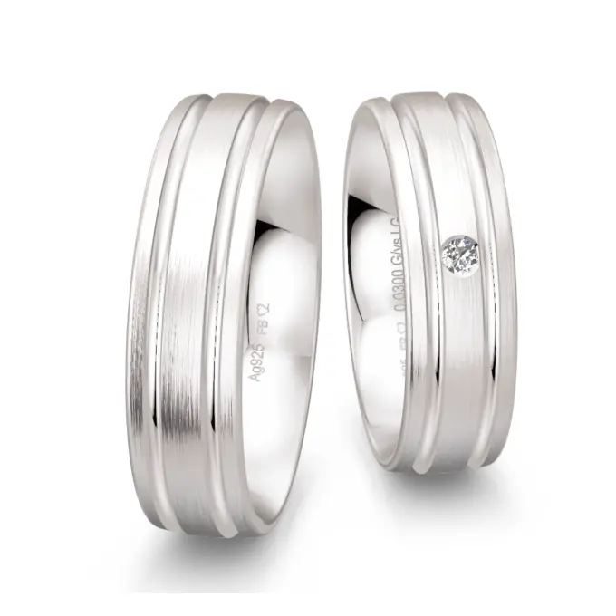 Breite Silber 925 Trauringe mit Labor Diamanten und zwei Rillen