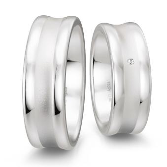 Trauringe aus platiniertem Silber 925 in konkaver Form matt mit Diamanten