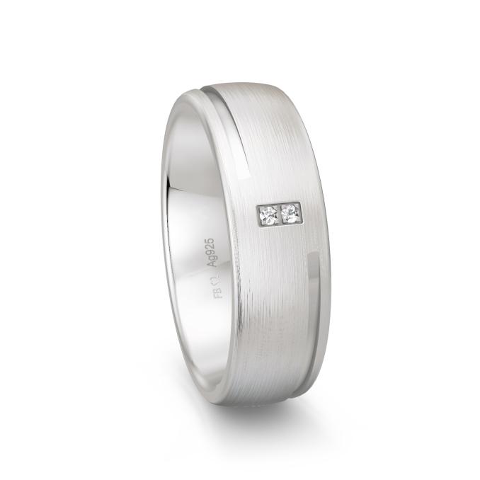 Ehering aus platiniertem Silber 925 mit zwei Diamanten und Rillen