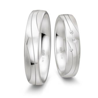 Trauringe aus platiniertem Silber 925 mit drei Diamanten und geschwungenen Rillen