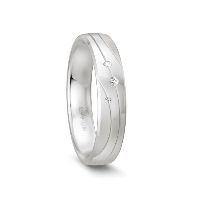 Trauring aus platiniertem Silber 925 mit drei Diamanten und geschwungenen Rillen