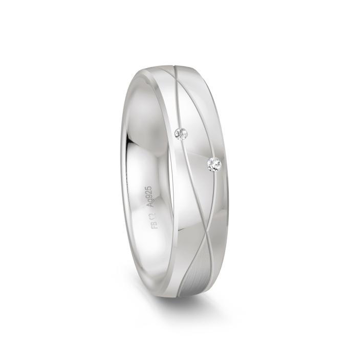 Ehering aus platiniertem Silber 925 mit Rillenmuster und zwei Diamanten