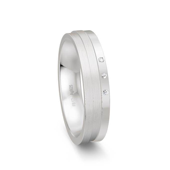 Trauring aus Silber 925 platiniert mit drei Diamanten und Streifenmuster