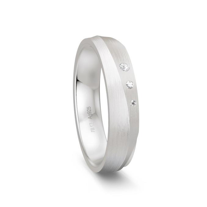 Ehering aus Silber platiniert 925 längsmattiert mit 3 Diamanten und poliertem Rand