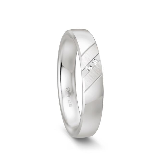 Ehering aus platiniertem 925 Silber mit zwei Diamanten und schrägen Rillen