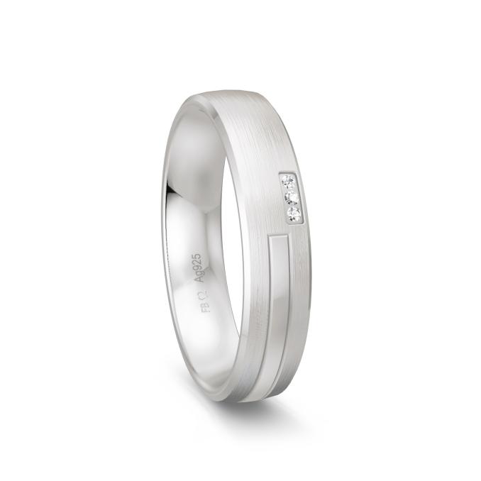 Ehering aus platiniertem Silber 925 mit drei Diamanten und Streifenmuster