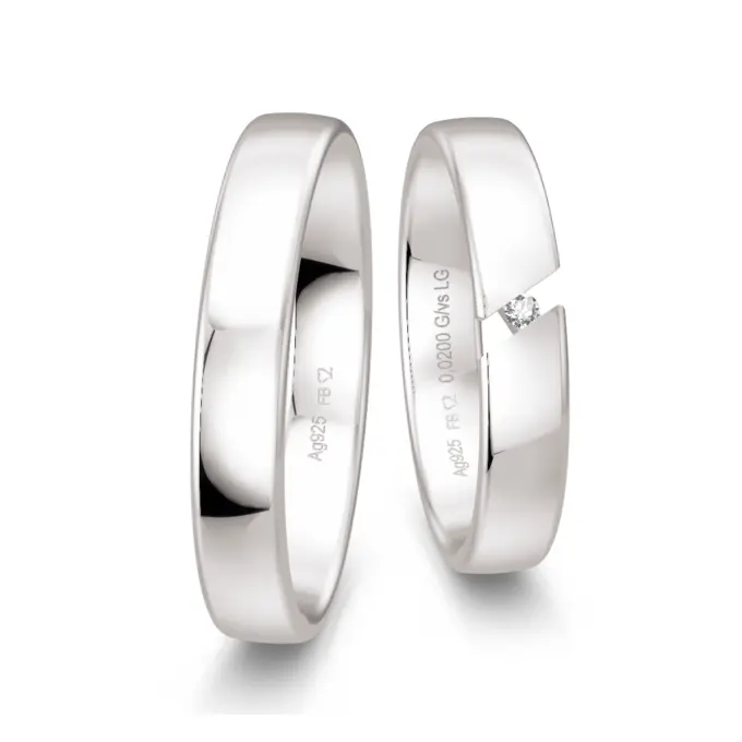 Schmale Trauringe aus Silber 925 mit Labor Diamanten in Spannfassung und Polierung