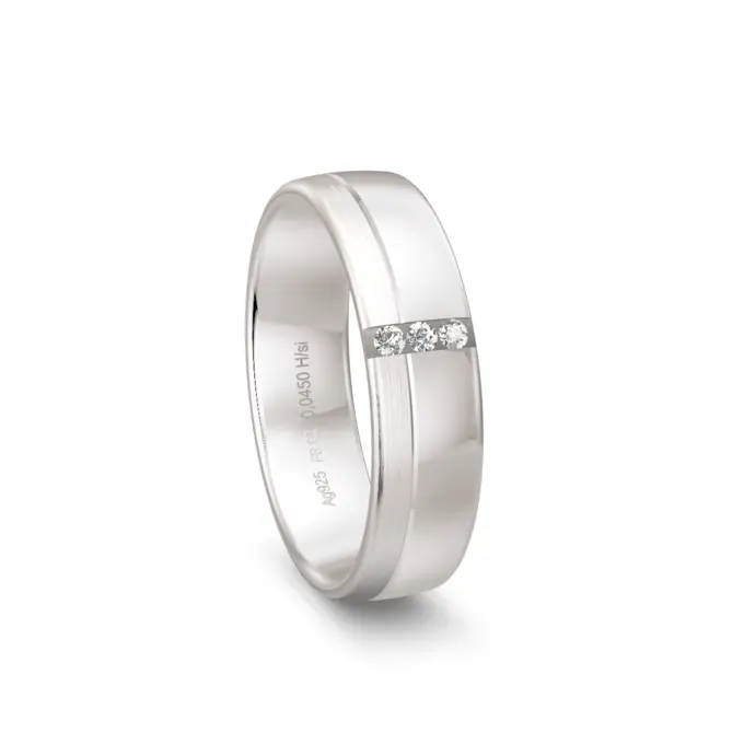 Silber 925 Ehering mit Polierung und mattem Streifen und 3 Diamanten