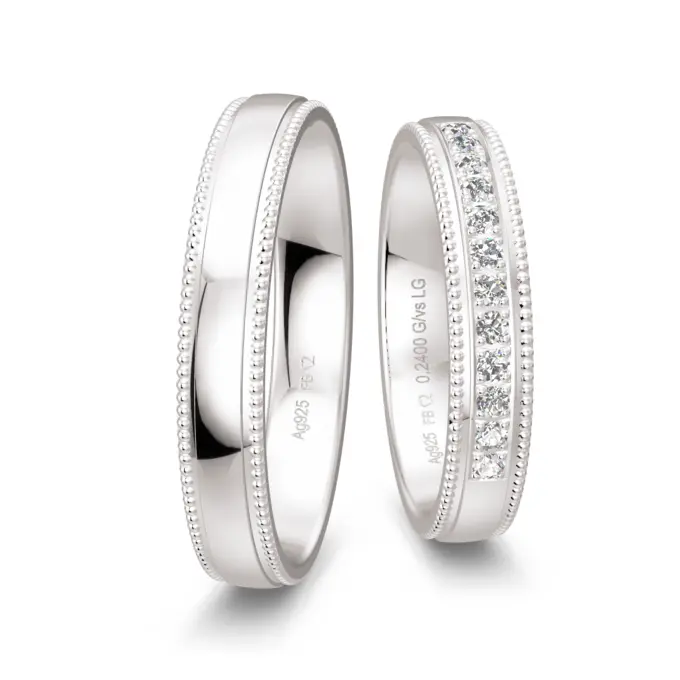 925er Silber Trauringe mit Millgriff Design und 12 Labor Diamanten