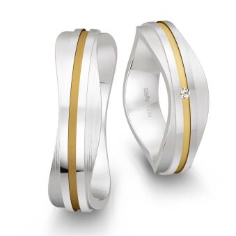 Eheringe aus platiniertem Silber 925 mit Diamanten und 14K Gelbgold