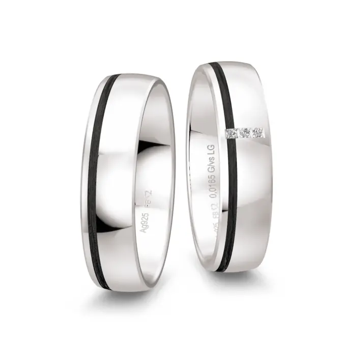 Bicolore polierte Silber 925er Trauringe mit Carbon und 2 Labor Diamanten