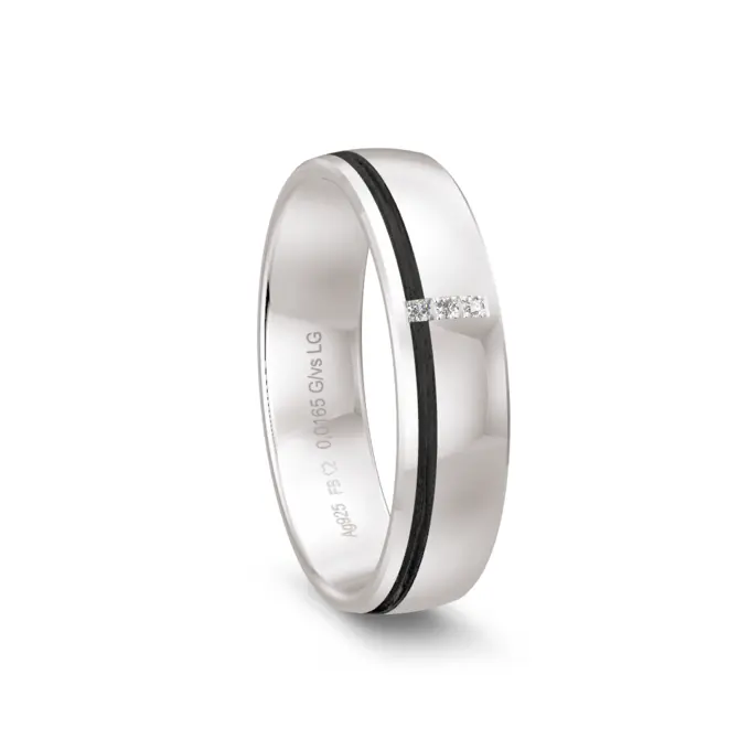 Bicolorer polierter Silber 925er Trauring mit Carbon und 2 Labor Diamanten