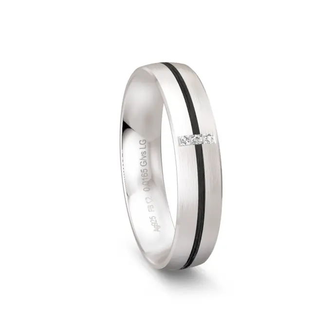 matter Silber 925er Trauring mit Carbonstreifen und Labor-Diamanten