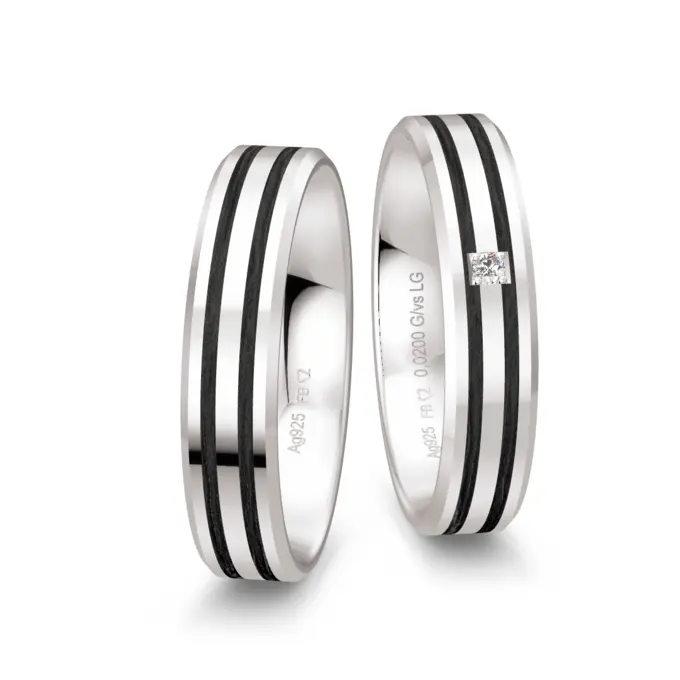 Polierte Silber 925er Trauringe mit zwei Carbonstreifen und Labor-Diamanten