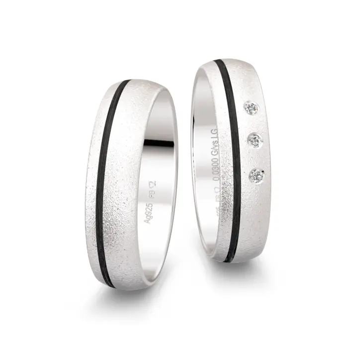 Silber 925er und Carbon Trauringe mit Labor-Diamanten und Sandmattierung