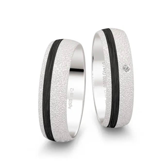 Silber 925er und Carbon Trauringe mit Labor-Diamanten in strukturierter Oberfläche