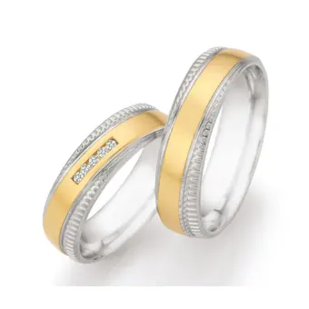 Silber & Gelbgold Trauringe mit strukturierten Rändern und Diamanten