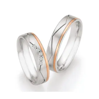 Silber & Rotgold Trauringe matt mit 5 Diamanten und Rille