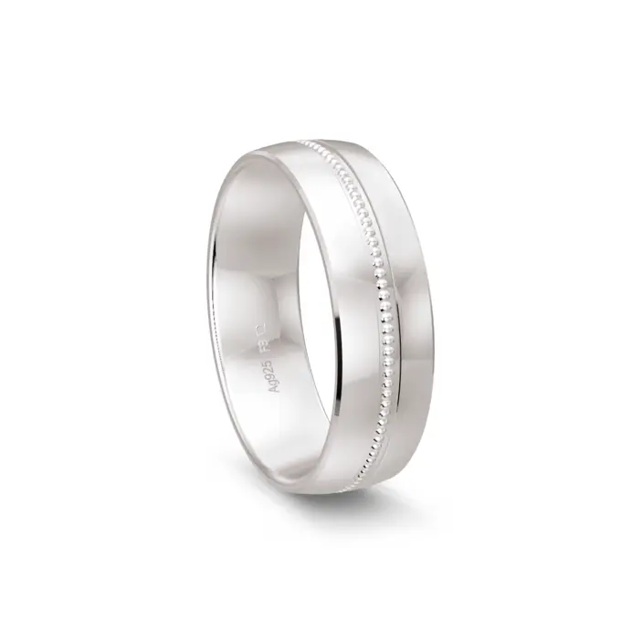 Breiter 925er Silber Trauring mit Polierung und Millgriff