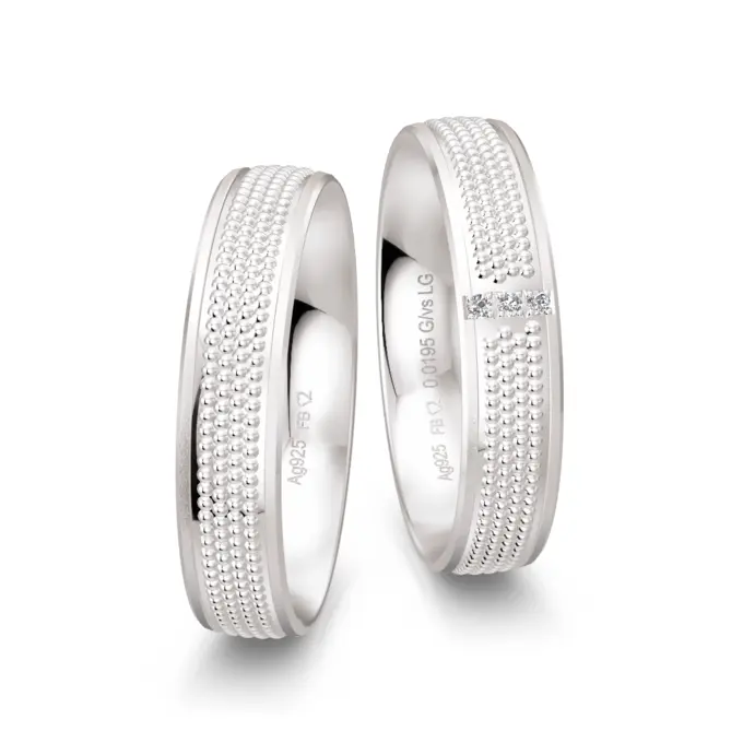 Sandmatte 925er Silber Trauringe mit Labor-Diamanten und Millgriff