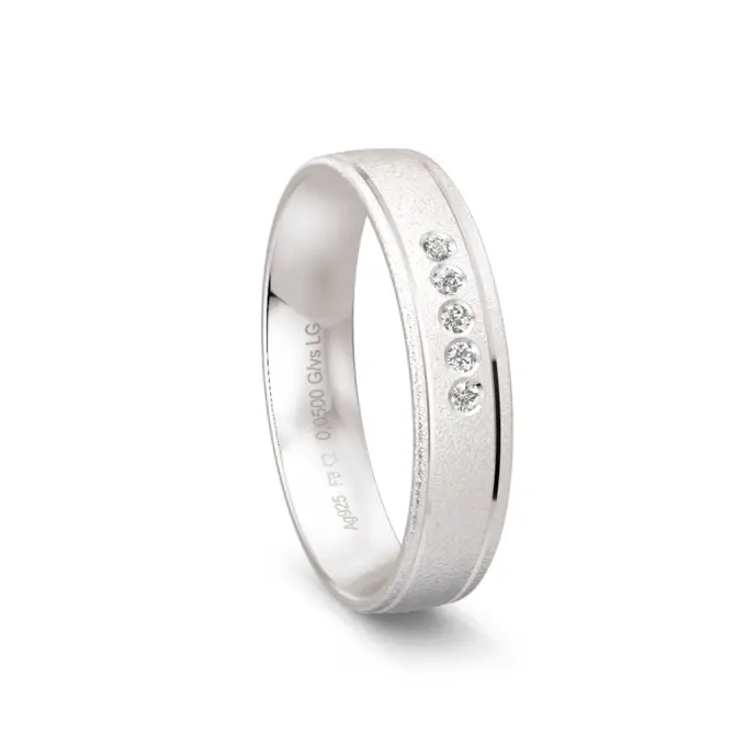 925er Silber Trauring in Sandmattierung mit 5 Labor-Diamanten